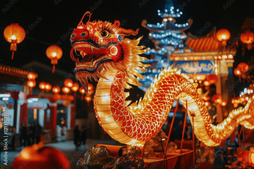 Obraz premium Dynamic Wide Angle Shot of a Vibrant Chinese Dragon Dance Performance at Night with Illuminated Red and Gold Dragon Surrounded by Lanterns