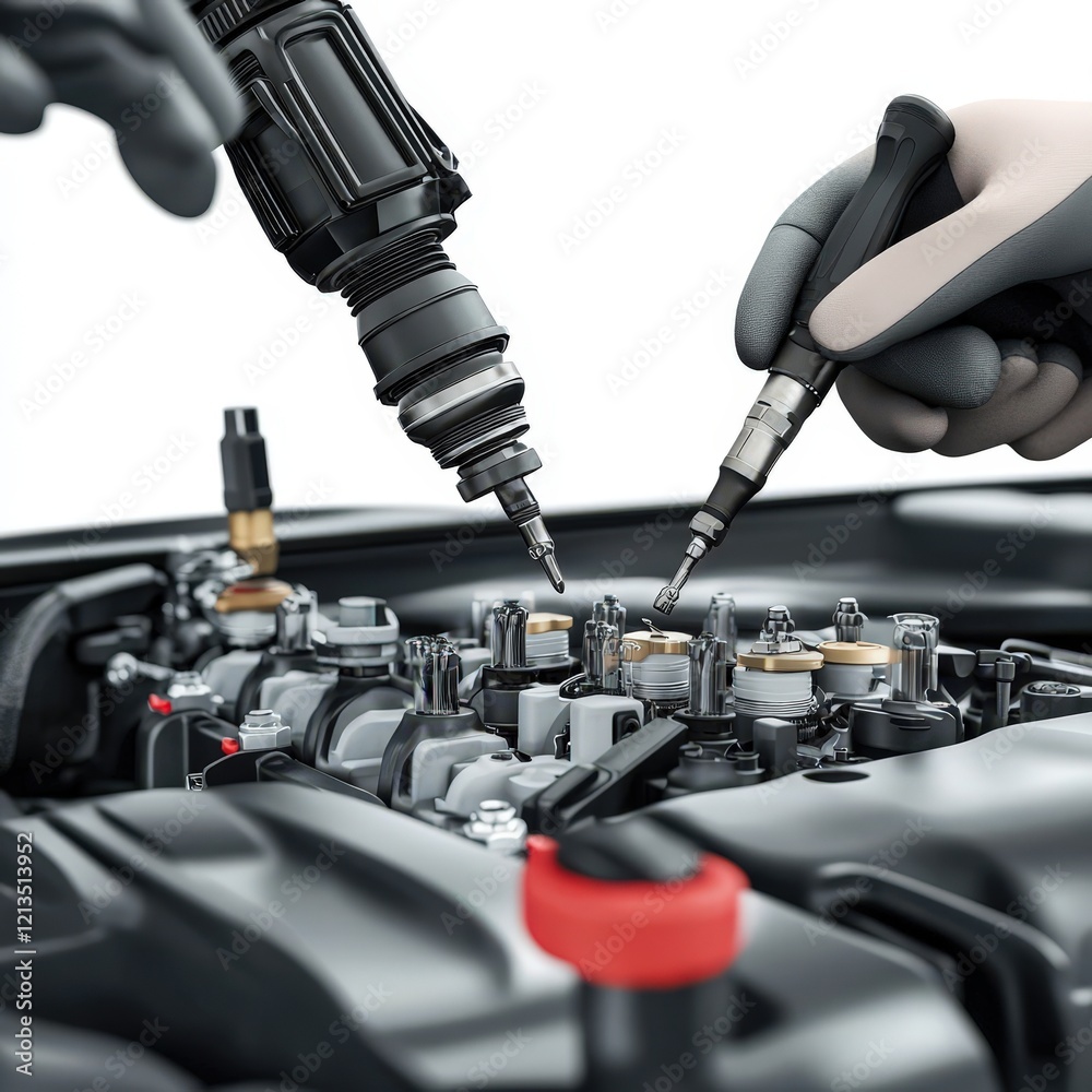 Robotic arms precisely assembling a car engine Robotic arms precisely assembling a car engine