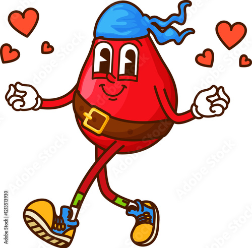 Groovy berry pirate or corsair cartoon character, vector funny comic personage. Groovy rosehip or rose hip berry Caribbean pirate captain, cartoon character with funny face in bandana with love hearts
