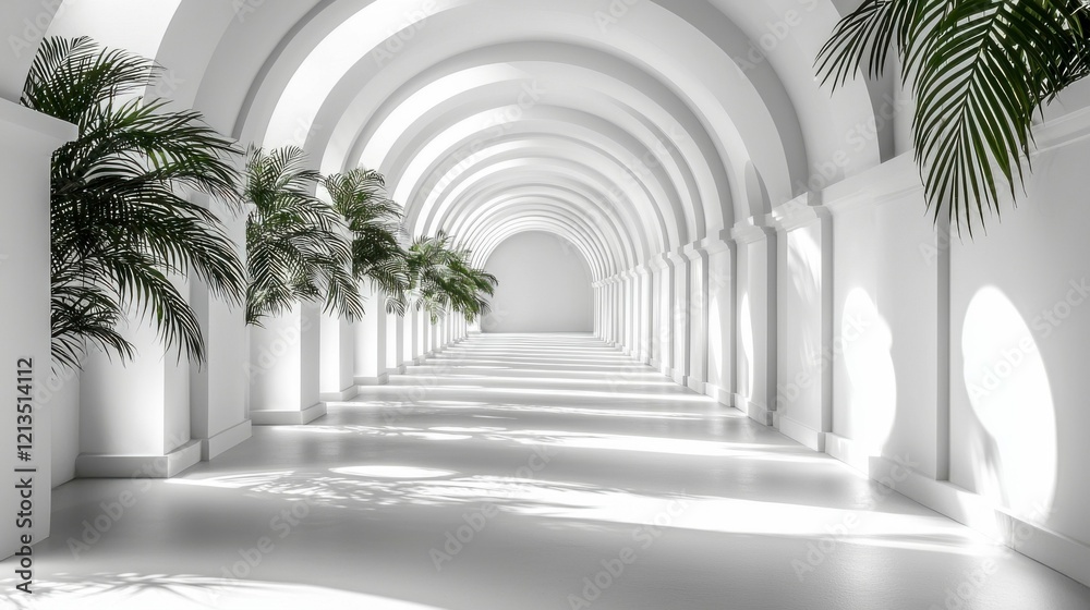 Fototapeta premium Bright white architectural space with geometric shapes and circles, sunlight enhancing abstract forms, providing a minimalistic and elegant backdrop for luxury product displays.