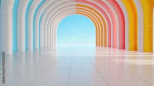Colorful archway leading to a bright sky   background is a calm sea. Ideal for presentations