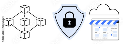 Blockchain network linked to a security shield and a cloud with a storefront interface. Ideal for blockchain, cybersecurity, data protection, cloud computing, e-commerce, online security, digital