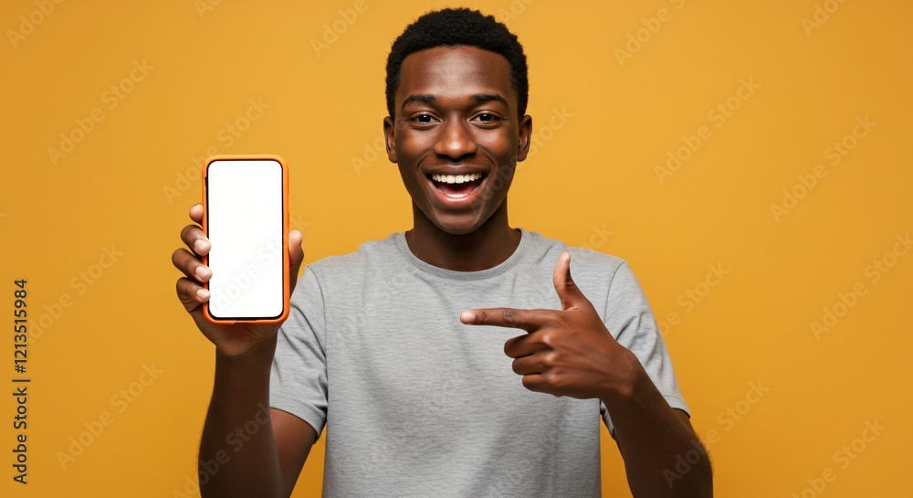 Obraz premium A cheerful young man in a gray t-shirt holds and points to a smartphone with a blank white screen against a vibrant yellow background, expressing excitement and enthusiasm.