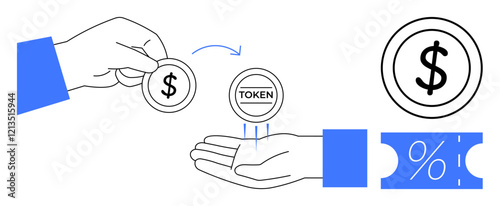 Hands exchanging dollar coin and token with flow arrows, accompanying a ticket with percentage symbol and dollar sign. Ideal for finance, transactions, economy, digital currency, savings