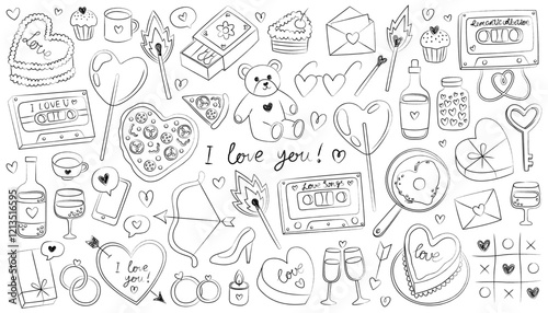Collection of doodle icons for Valentine's day, theme of love and romance. Hand drawn outline illustrations. Heart, music cassette, toy bear, lollipop, match, pizza, gift box.