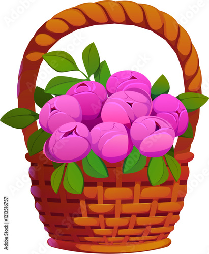 Valentine day and love peony flowers bouquet in basket. Love holiday roses in wicker basket, Saint Valentine day pink peony isolated cartoon vector bouquet. Wedding ceremony flowers decoration