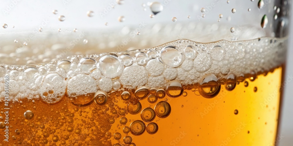 Close-up of a single beer bubble bursting on the surface of a pint, its fragments dissipating into the surrounding liquid, drink, foam Close-up of a single beer bubble bursting on the surface of a pint, its fragments dissipating into the surrounding liquid, drink, foam