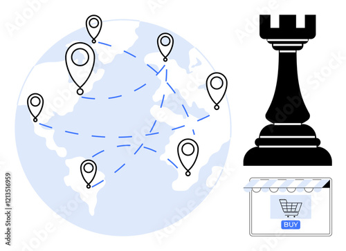 World map with location markers connected by dashed lines, a large chess rook symbolizing strategy, and an online shopping cart. Ideal for global communication, e-commerce, strategic planning