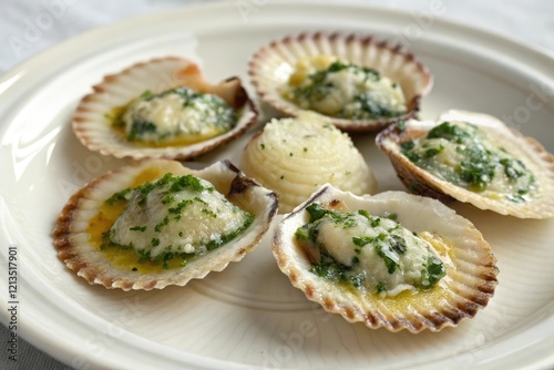 Close-up of Patella limpets on a plate with a generous dollop of garlic parsley butter, close up, oceanic delicacy, herby flavor, sea creature