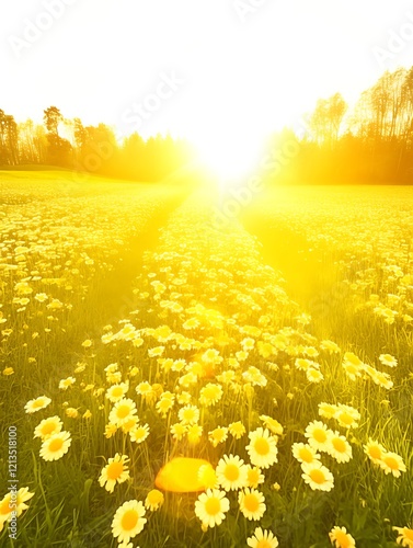 Sunny field of yellow flowers at sunset.
