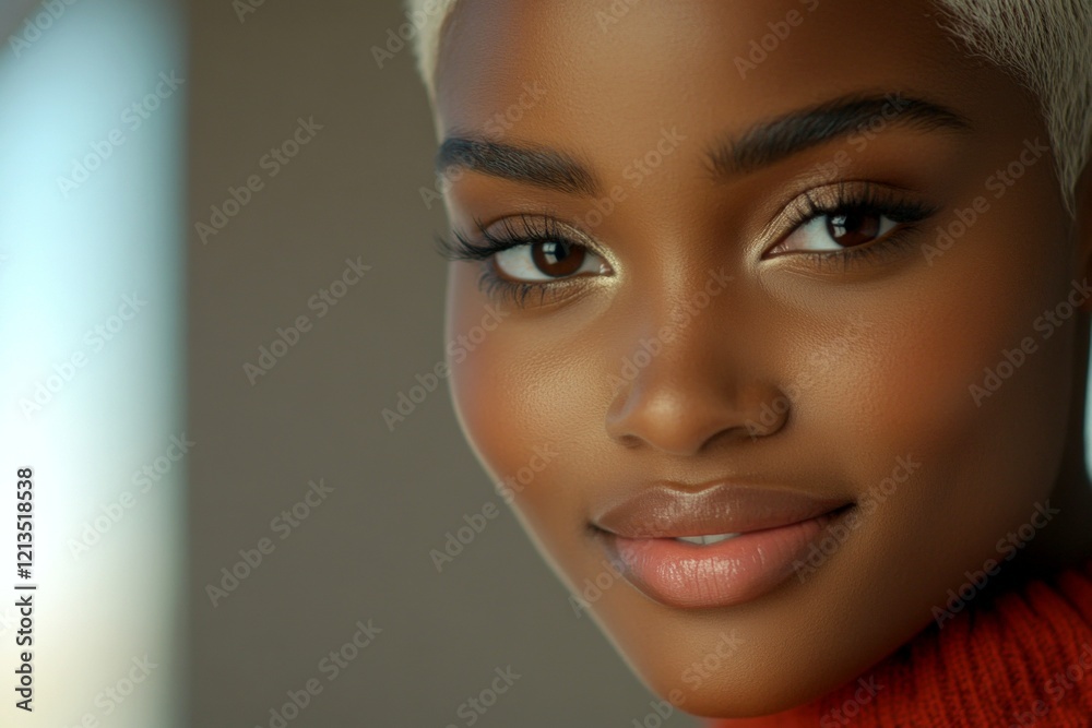Naklejka premium Short haircut - blond hair. Commercial marketing creative. Lovely smiling black girl - for ads, marketing material and social apps networks use. Black elegance campaign. Black elegance ads.