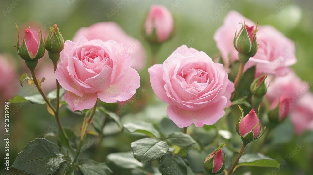 Close-up of beautiful pink roses in full bloom with delicate petals and vibrant green leaves, creating a romantic and elegant floral background for nature-themed designs and garden aesthetic inspirati Close-up of beautiful pink roses in full bloom with delicate petals and vibrant green leaves, creating a romantic and elegant floral background for nature-themed designs and garden aesthetic inspirati