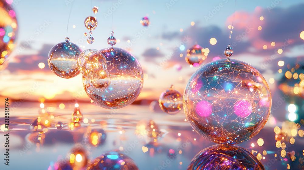 Fototapeta premium Glowing orbs with intricate patterns float over reflective water surface at sunset, creating dreamy and futuristic atmosphere