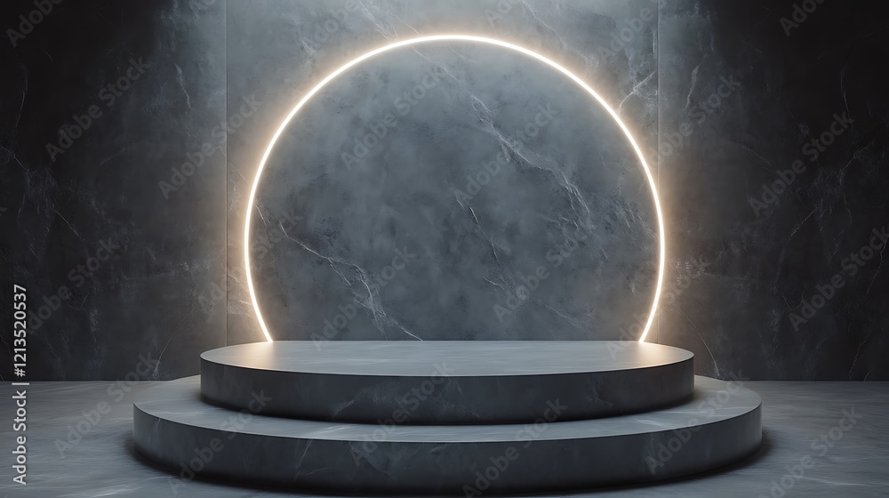 Dark Marble Platform with Neon Circle Light Dark Marble Platform with Neon Circle Light