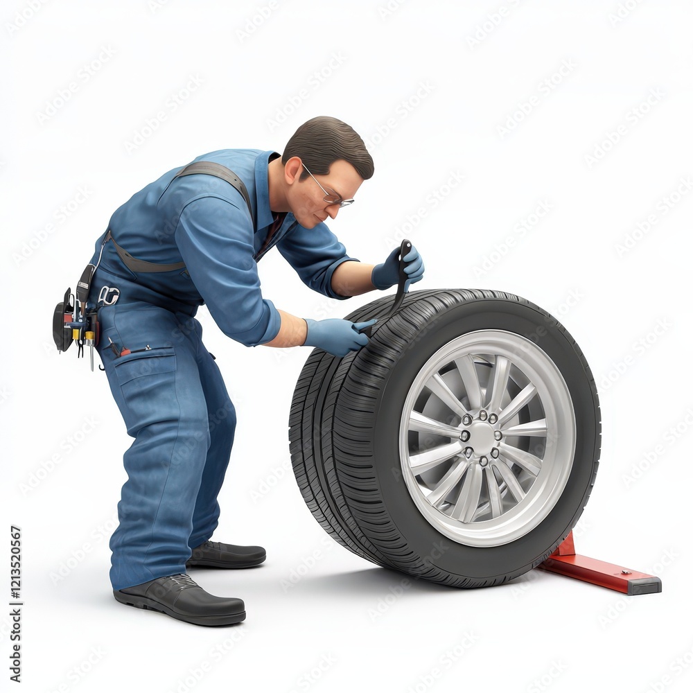 Mechanic inspecting a car tire with a tool Mechanic inspecting a car tire with a tool