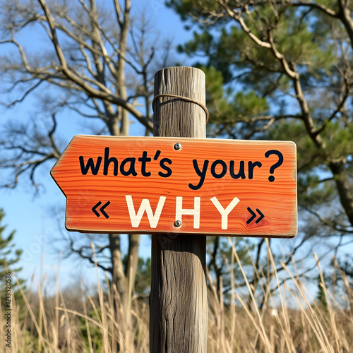 whats your why text quote caption on wooden signpost outdoors in nature. Stock sign words theme. photo