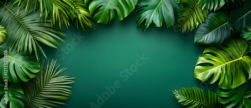 Tropical leaves frame, green background, nature design, template photo