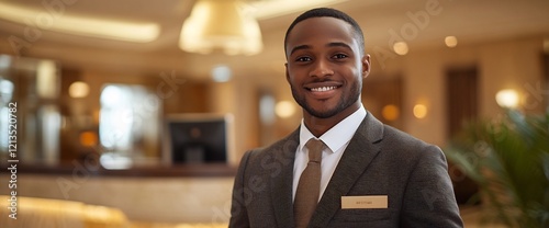 Smiling hotel receptionist at lobby desk.  Luxury hotel background