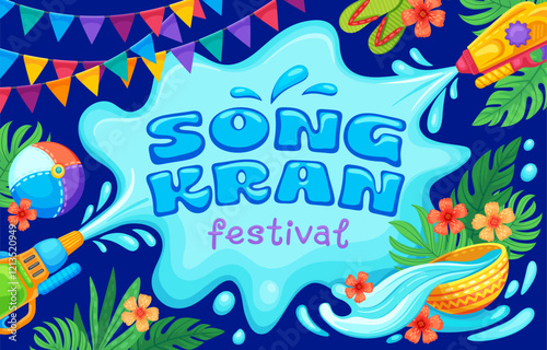 Songkran Thailand festival holiday banner or greetings features playful blue splash text, water guns, tropical flowers, leaves, slippers, water bowl and party flags against a lively blue background