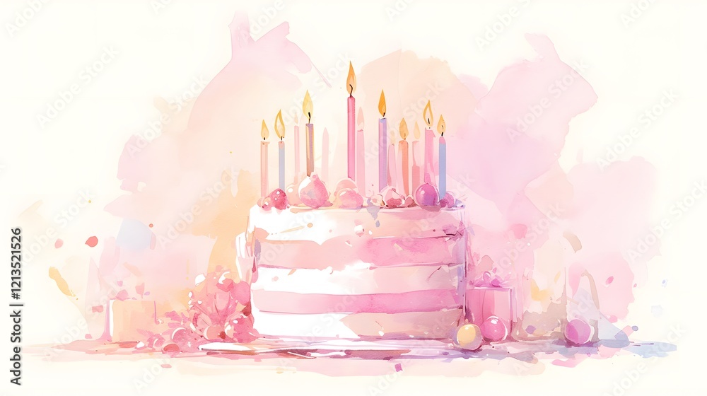 Watercolor birthday cake with candles on a clean background