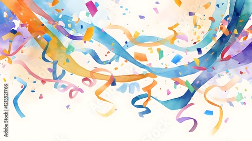 Watercolor background with festive streamers and confetti, ideal for holiday or special occasion banners.