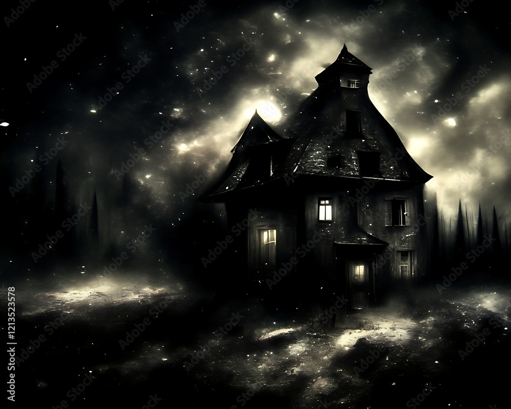 Fototapeta premium Dark, spooky house in a snowy, foggy forest at night.