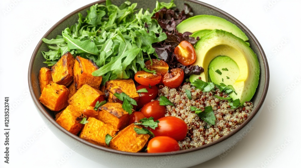 A vibrant bowl of Buddha bowl with quinoa, roasted sweet potatoes, avocado slices A vibrant bowl of Buddha bowl with quinoa, roasted sweet potatoes, avocado slices