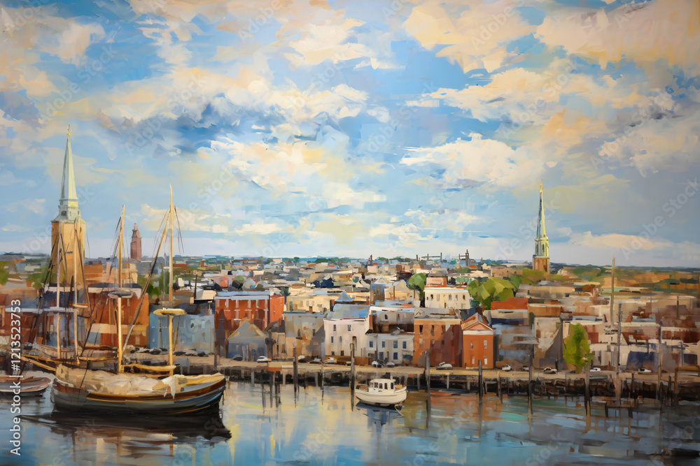 Obraz premium a 20th century oil painting at with clouds at sunset of a city view with a harbor and fishing port.