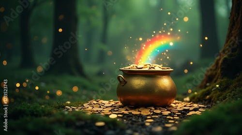 Magic leprechaun pot full of golden coins and rainbow on fairy forest. St. Patrick's day holiday. Lucky symbol. Fantasy fairy tail background with copy space for banner, greeting card, poster photo