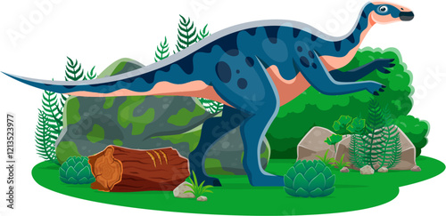 Aralosaurus prehistoric dinosaur cartoon character. Isolated vector herbivore dino reptile animal, genus of hadrosaurid dinosaur in natural environment with plants and rock. Late cretaceous era lizard
