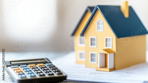 real strategy estate credit loans concept. Miniature house model next to a calculator on financial documents.