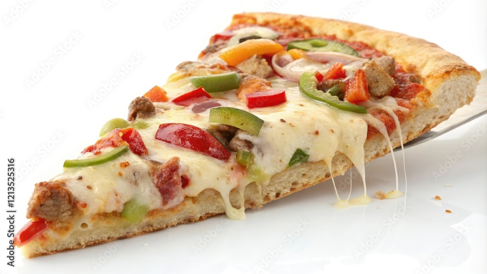 Close-up of a slice of cheesy pizza with various toppings such as vegetables and meats, food, cheese Close-up of a slice of cheesy pizza with various toppings such as vegetables and meats, food, cheese