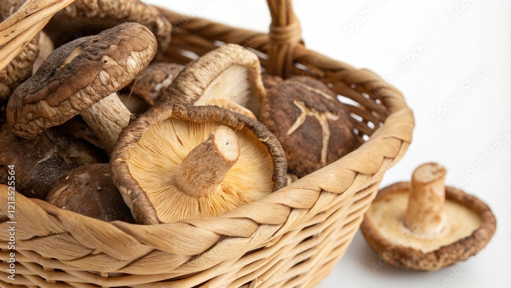 Close-up of dried shiitake mushrooms in a wicker basket, earthy tones, dried fungi, natural texture, wicker basket, forest Close-up of dried shiitake mushrooms in a wicker basket, earthy tones, dried fungi, natural texture, wicker basket, forest