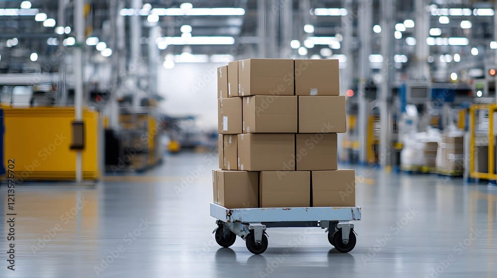 Freshly Painted Industrial Trolley with Cardboard Boxes in Warehouse Environment