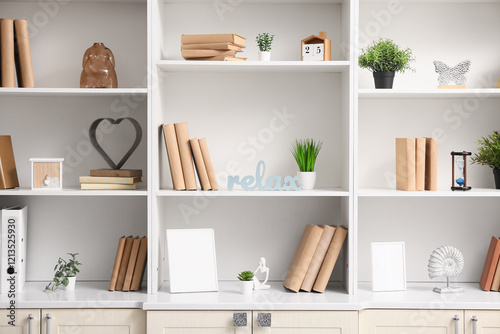 Shelves with books, houseplants and stylish decor, closeup photo