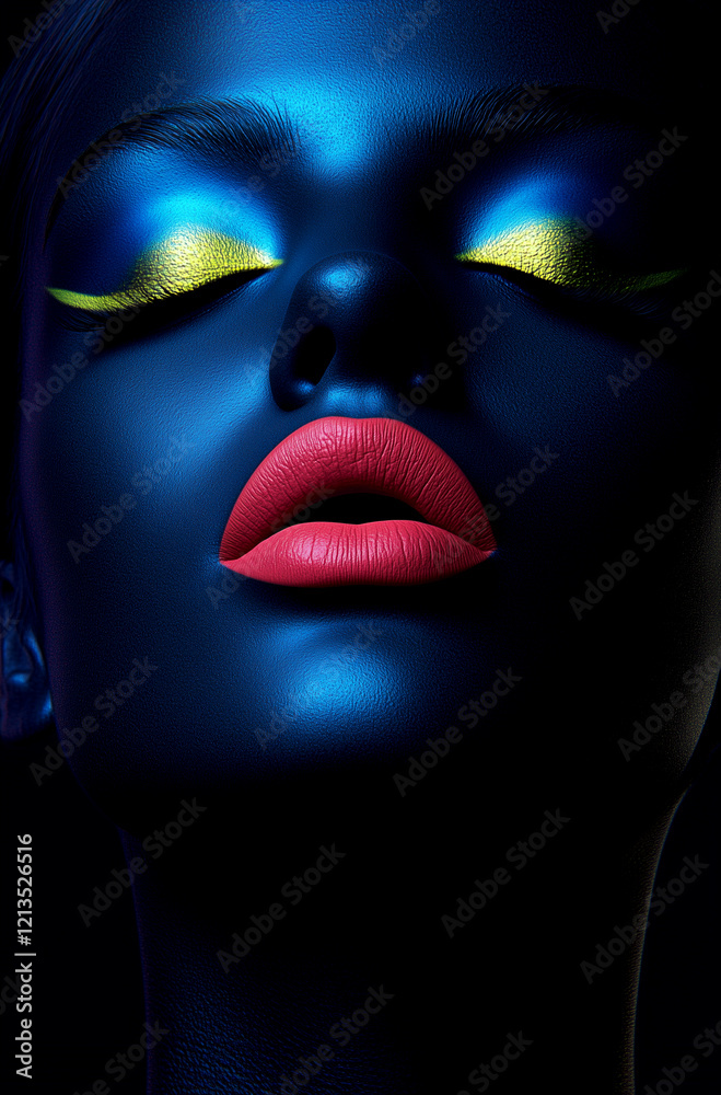 A woman's face is painted in blue and yellow with red lips. The colors are bold and vibrant, creating a striking contrast against the dark background. The woman's eyes are closed