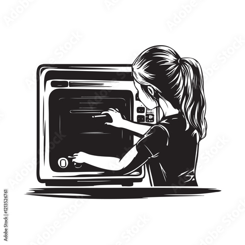 girl operating microwave