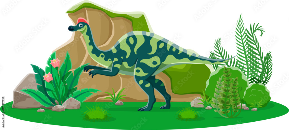 Obraz premium Cartoon dinosaur Hypacrosaurus, prehistoric lizard in Jurassic park forest, vector dino. Prehistoric funny Hypacrosaurus dinosaur lizard character for kids paleontology atlas or Jurassic era museum