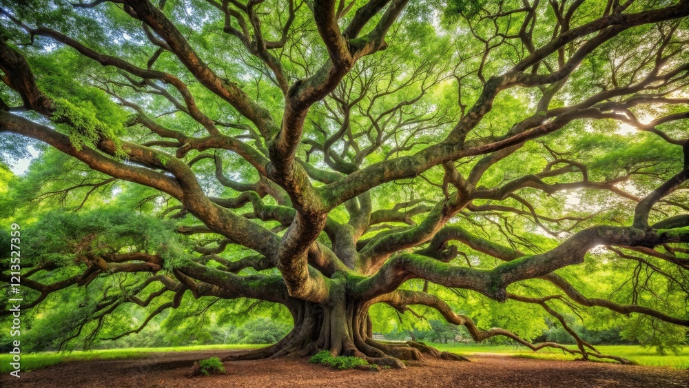 Ancient tree with gnarled branches and twisted trunk surrounded by lush green foliage, symbolizing the interconnectedness of all living things, tree of life, ecological, outdoors, twisted, trees Ancient tree with gnarled branches and twisted trunk surrounded by lush green foliage, symbolizing the interconnectedness of all living things, tree of life, ecological, outdoors, twisted, trees