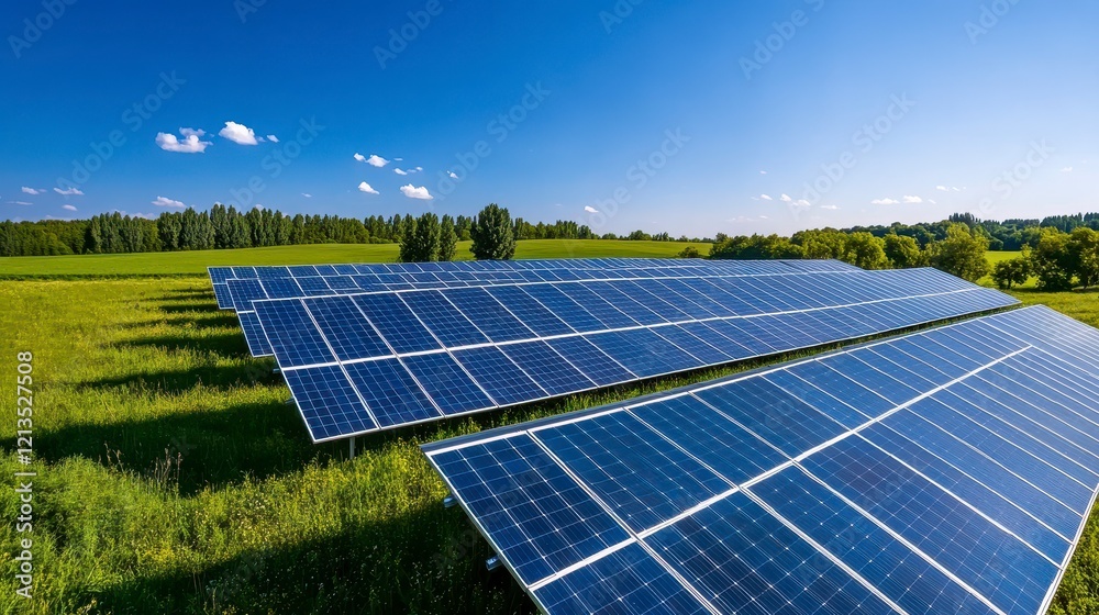 Solar panels installed in a lush green field under a clear blue sky with distant trees Solar panels installed in a lush green field under a clear blue sky with distant trees