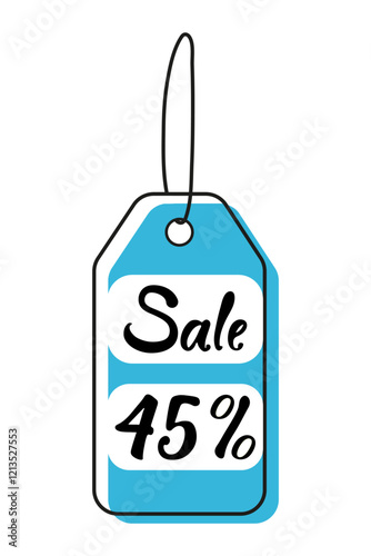 Bright blue sale tag indicating a 45 percent discount in a promotional offer
