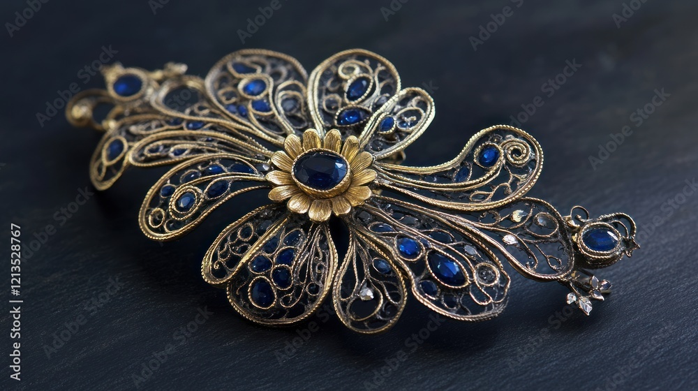 Fototapeta premium Antique Filigree Brooch with Sapphires: A Masterpiece of Craftsmanship