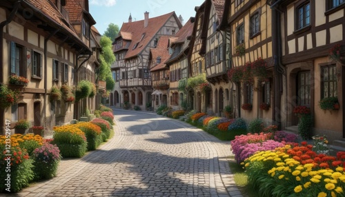 Bayreuth's picturesque streets lined with half-timbered houses and colorful flowerbeds, bayreuth, flowers, half timbered houses