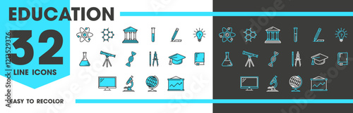 Education line icons, vector linear symbols of learning and academic activities. Book, pencil, compass, graduation cap, blackboard or computer, chemical atom, microscope, DNA molecule, flask and globe