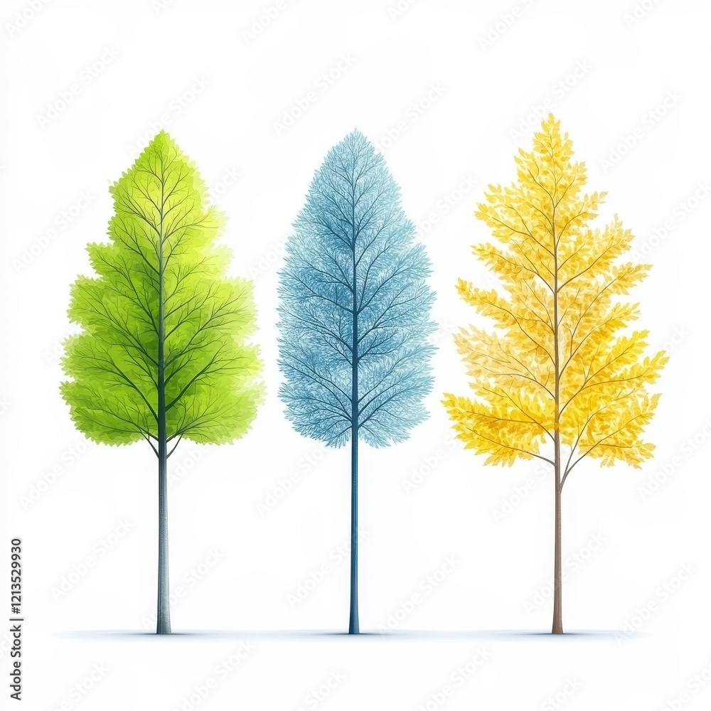 Fototapeta premium Stylized Trees Representing Spring, Summer, Autumn and Winter Seasons, Ideal for Graphic Design and Seasonal Illustrations