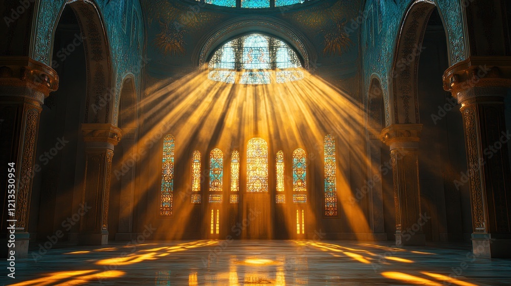 Obraz premium Sunbeams illuminate Gothic cathedral interior
