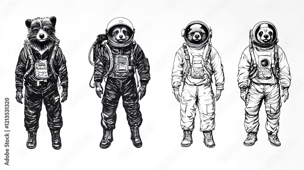 A hand-drawn ink illustration of five animals in different poses, dressed as humans and wearing pilot and space suit outfits with helmets on their heads. A hand-drawn ink illustration of five animals in different poses, dressed as humans and wearing pilot and space suit outfits with helmets on their heads.