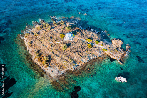 Aerial view of small church on an island, Paros island, Greece photo