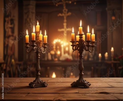 Burning candelabras on a long wooden table in front of a large cross hanging above the altar, warm glow of the flames, burning candles, candelabra