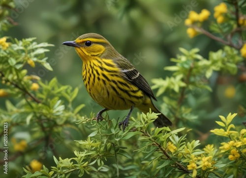 Cape May Warbler searching for food among dense shrubs, forest environment, small bird species, nature photo